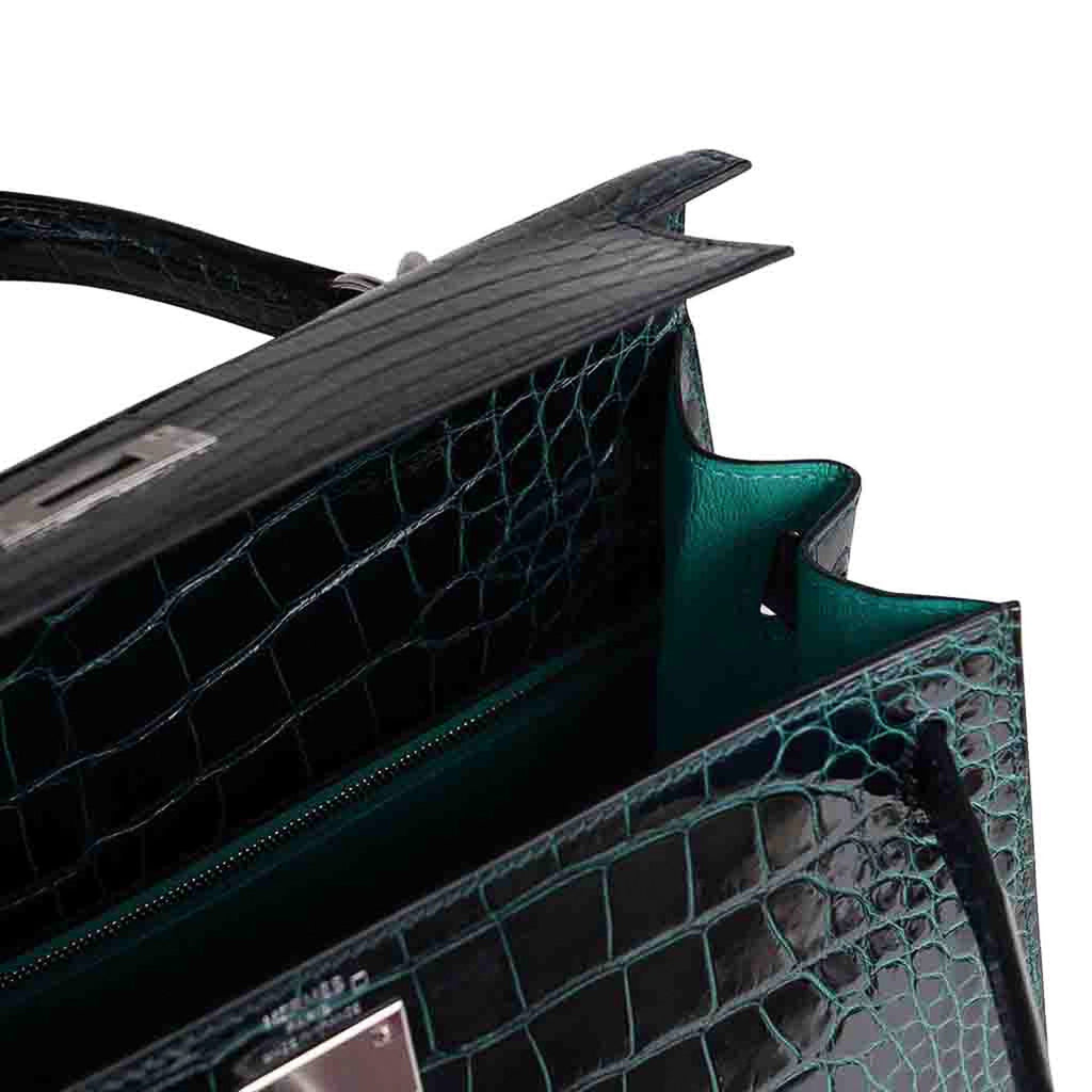 👜Kelly 28 Sellier Verso Vert Cypress / Vert Jade Bag Alligator Palladium Hardware