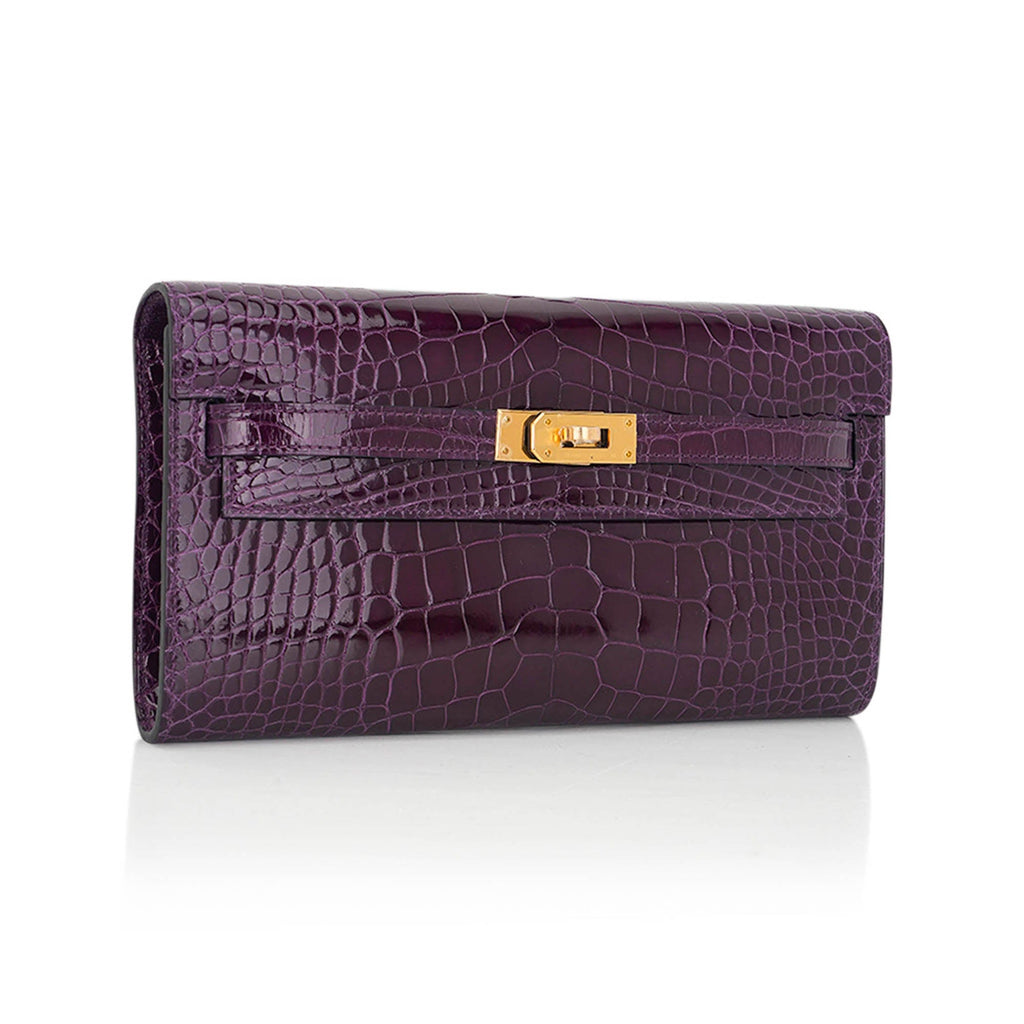 👜Kelly Classique To Go Wallet Cassis Alligator with Gold Hardware