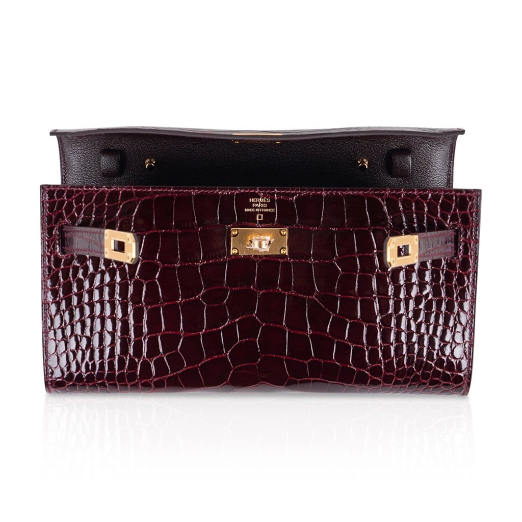 👜Kelly Classique To Go Wallet Bordeaux Alligator Gold Hardware New w/Box