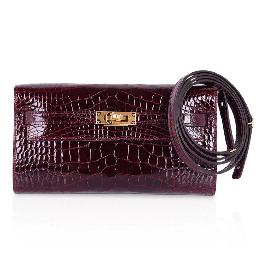 👜Kelly Classique To Go Wallet Bordeaux Alligator Gold Hardware New w/Box