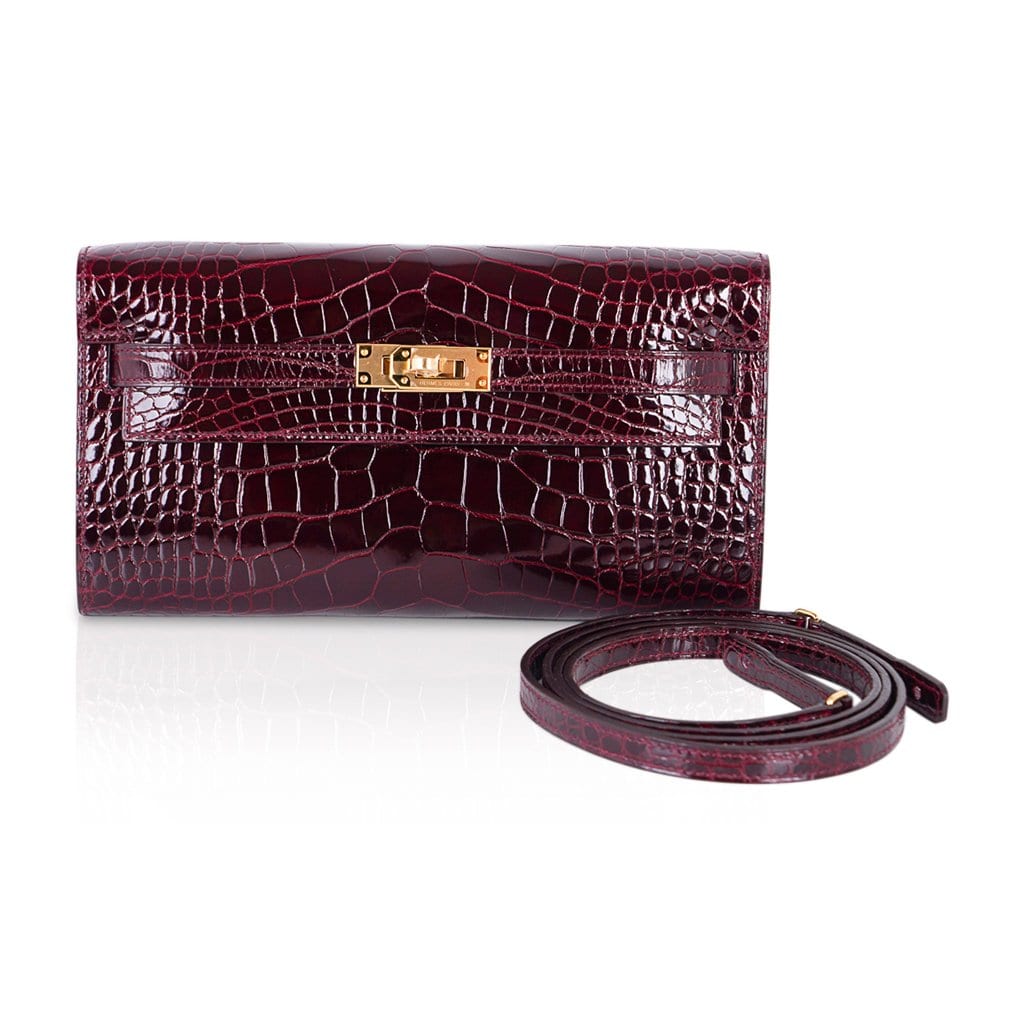 👜Kelly Classique To Go Wallet Bordeaux Alligator Gold Hardware New w/Box