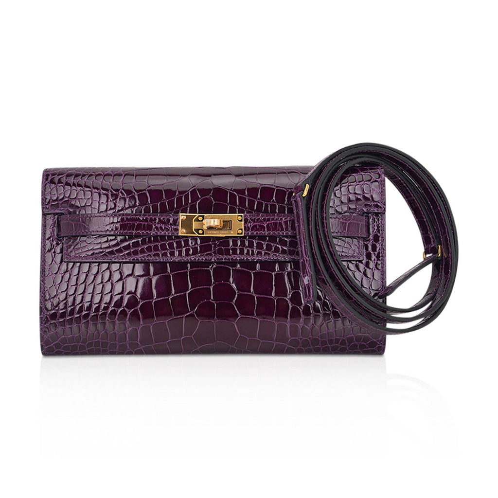 👜Kelly Classique To Go Wallet Cassis Alligator with Gold Hardware