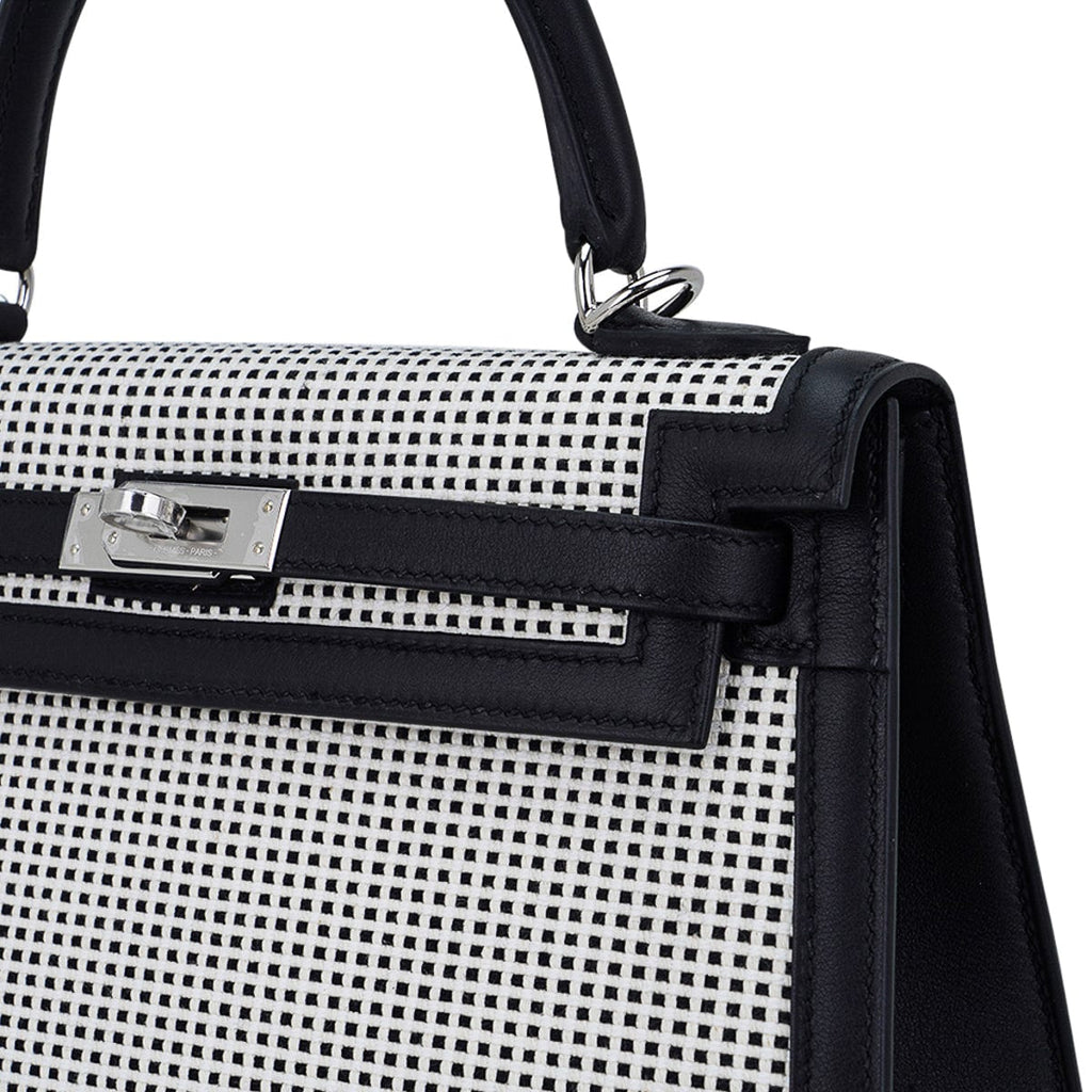 👜Kelly 25 Sellier Bag Quadrille Black & White Viking Toile Swift Leather with Palladium Hardware