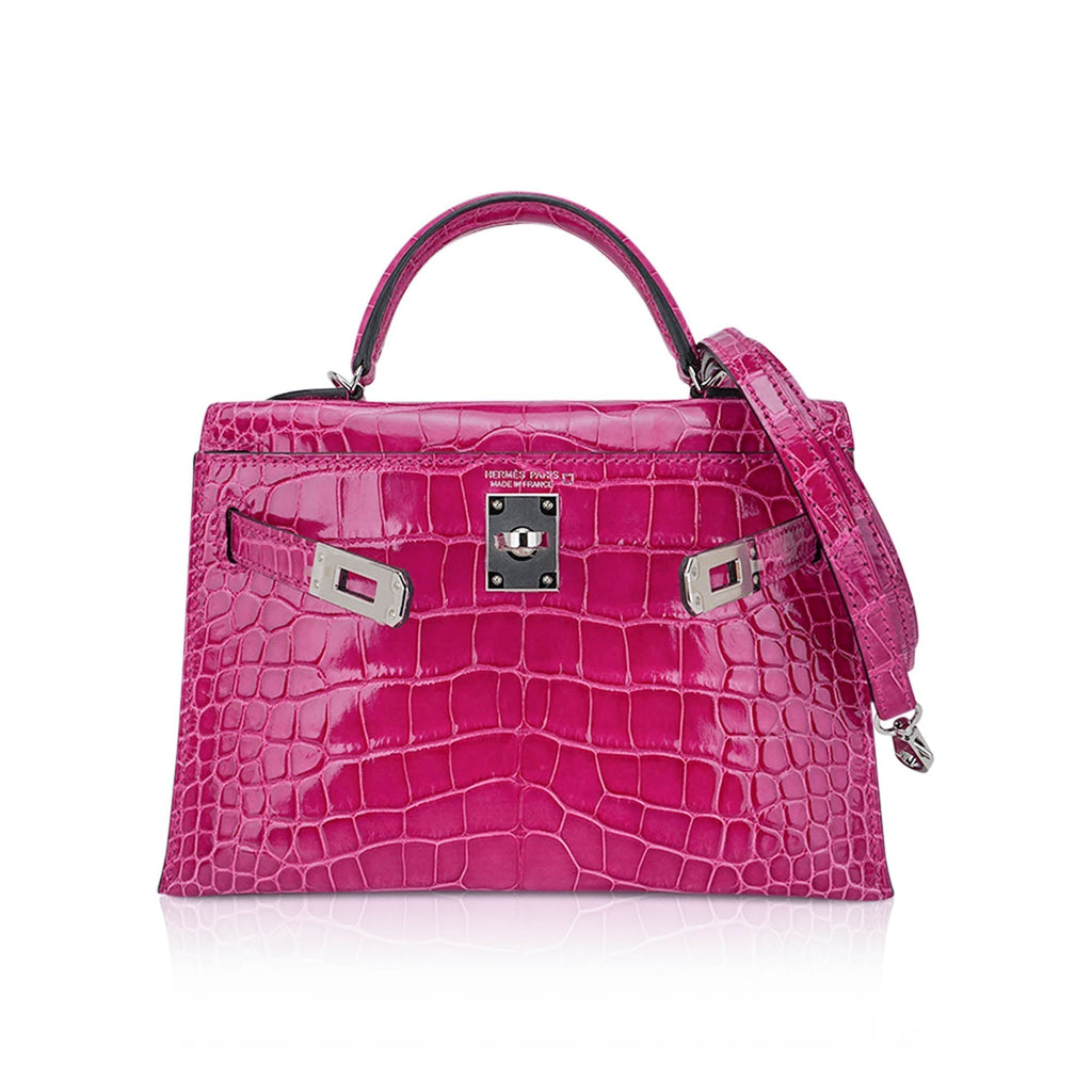 👜Limited Edition Mini Kelly 20 Sellier Rose Scheherazade Alligator Bag Palladium Hardware