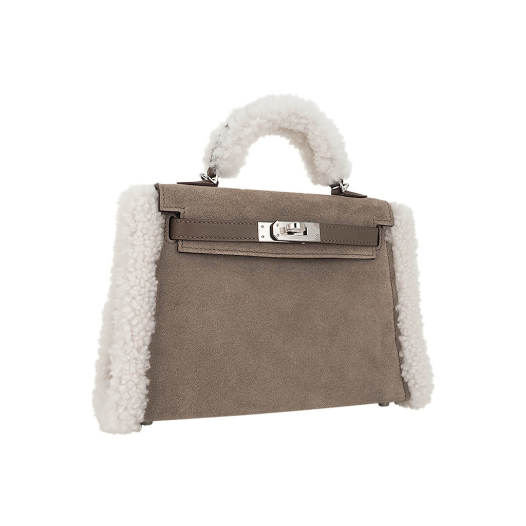 👜Kelly 20 Teddy Bag Pluch Shearling Gris Caillou Grizzly and Etoupe Swift Leather