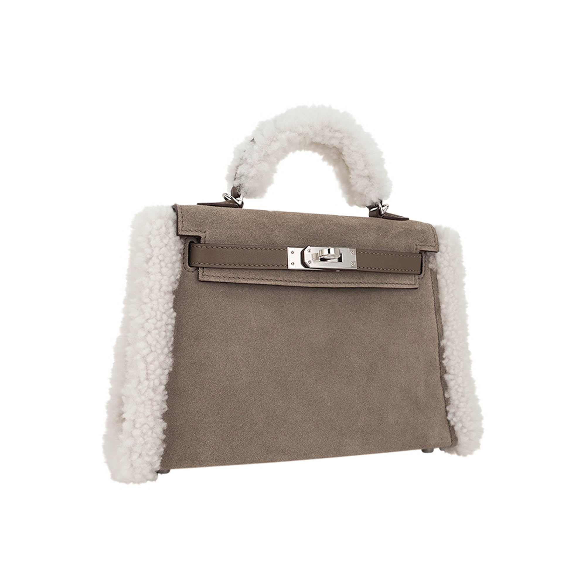 👜Kelly 20 Teddy Bag Pluch Shearling Gris Caillou Grizzly and Etoupe Swift Leather