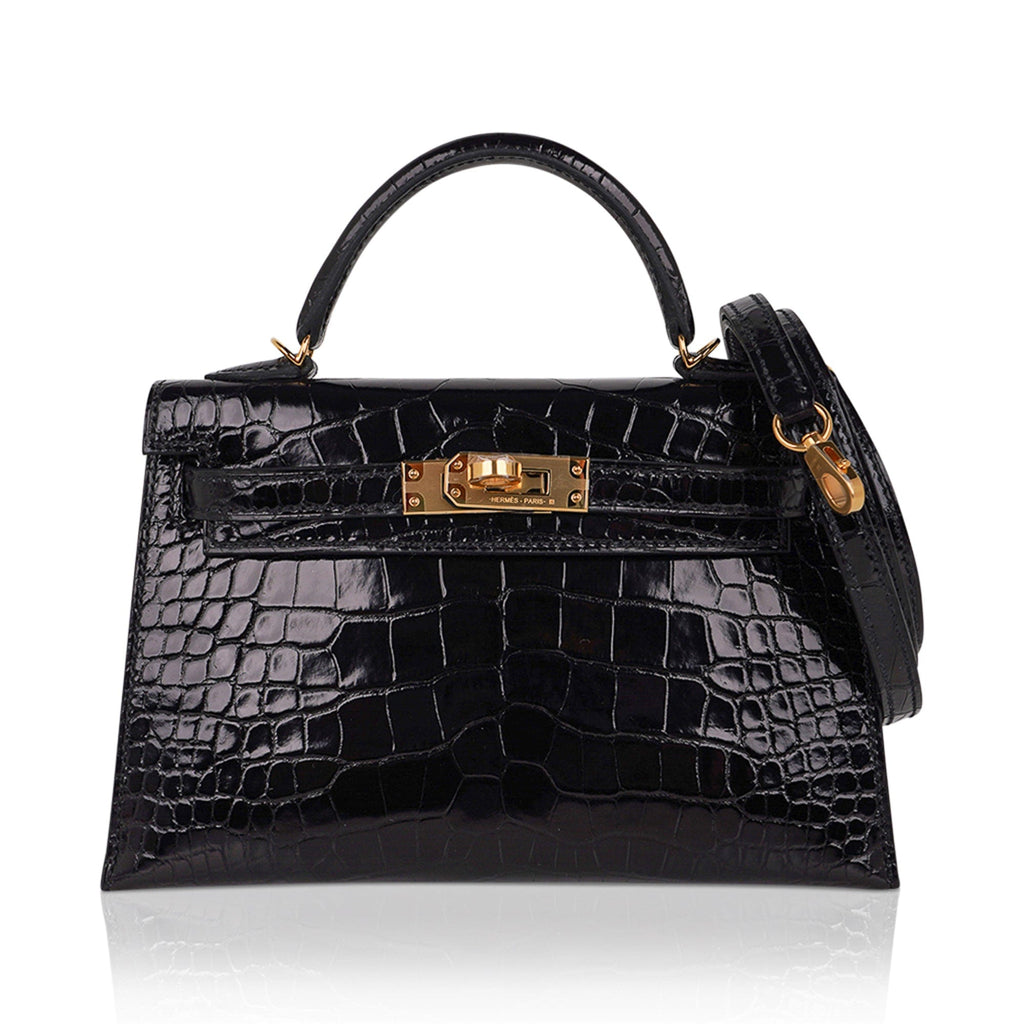 👜Kelly 20 Mini Sellier Bag Black Alligator Gold Hardware
