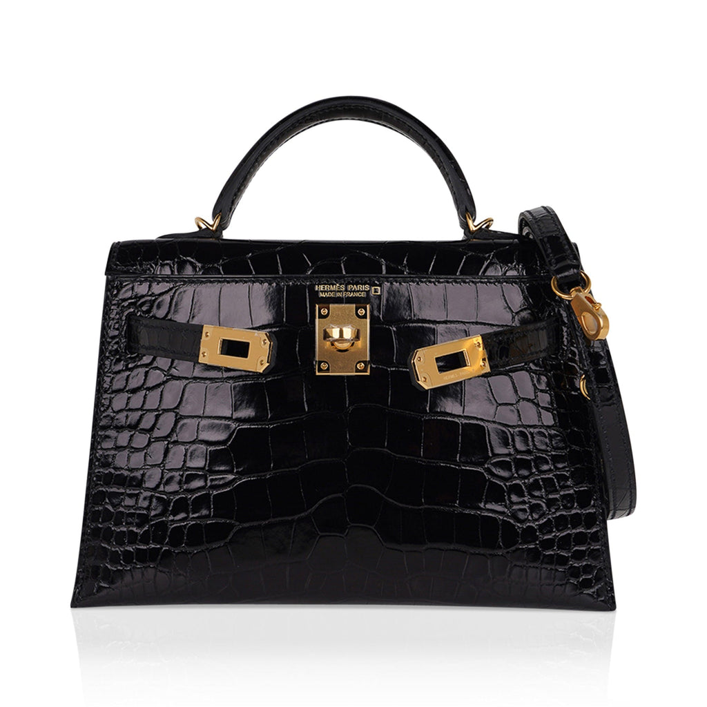 👜Kelly 20 Mini Sellier Bag Black Alligator Gold Hardware