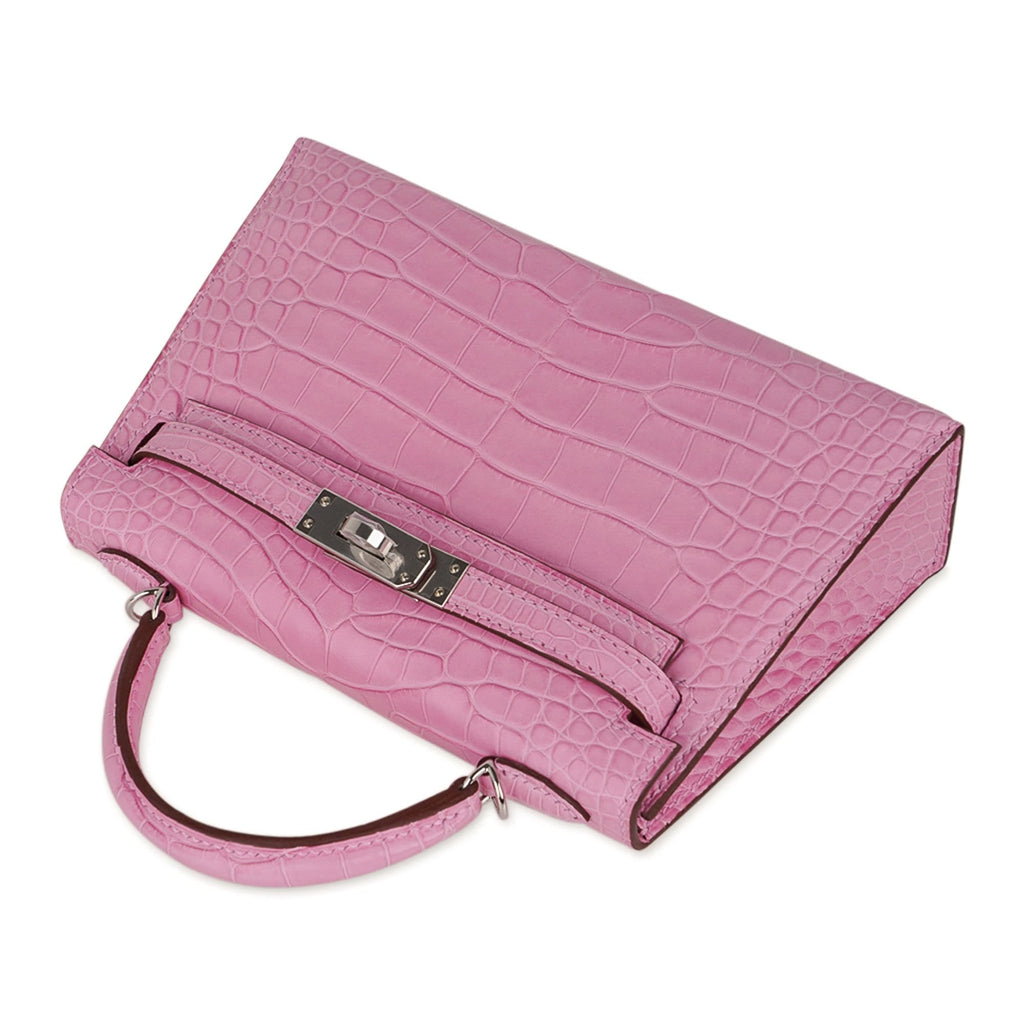👜Kelly 20 Mini Sellier Bag 5P Pink Matte Alligator Palladium Limited Edition