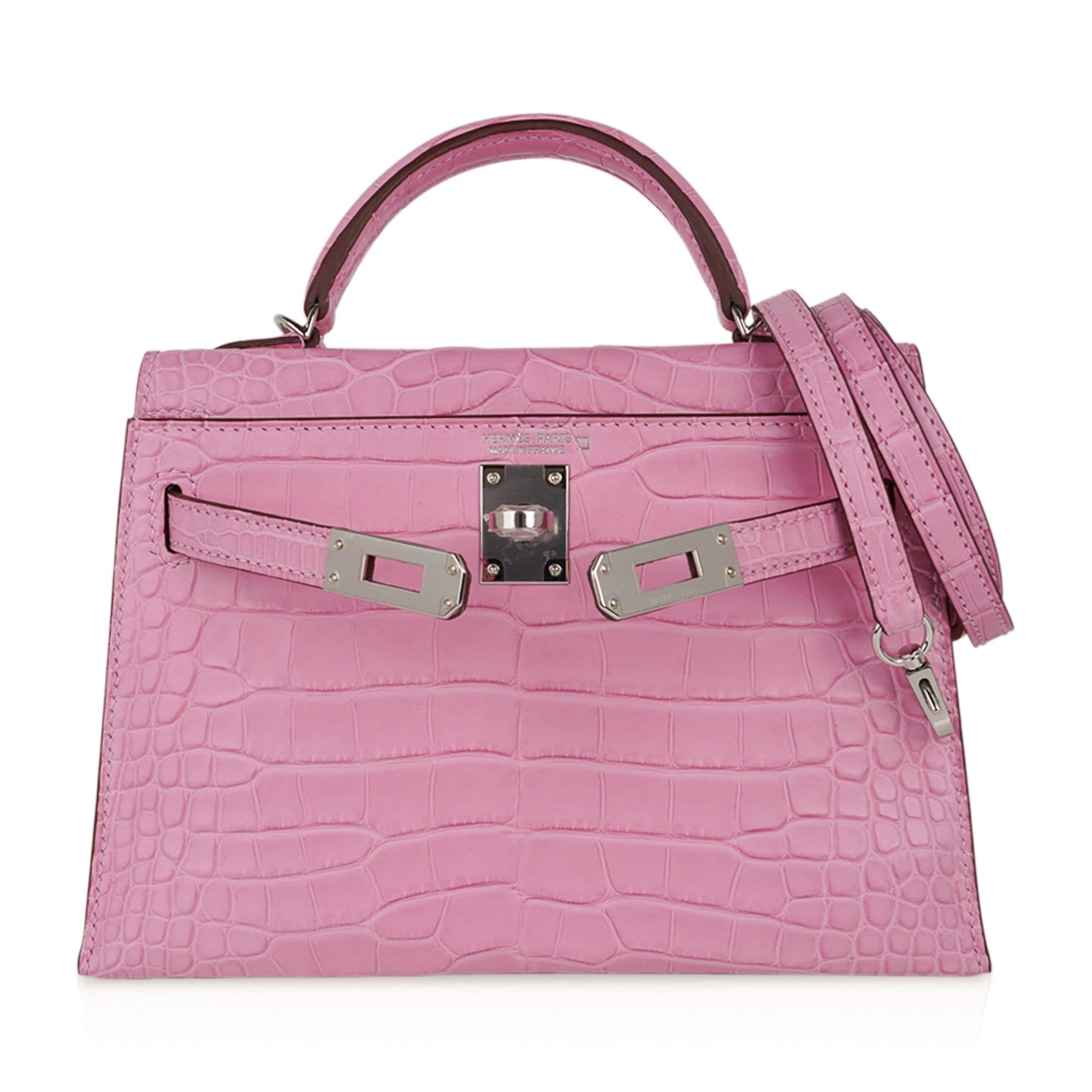 👜Kelly 20 Mini Sellier Bag 5P Pink Matte Alligator Palladium Limited Edition