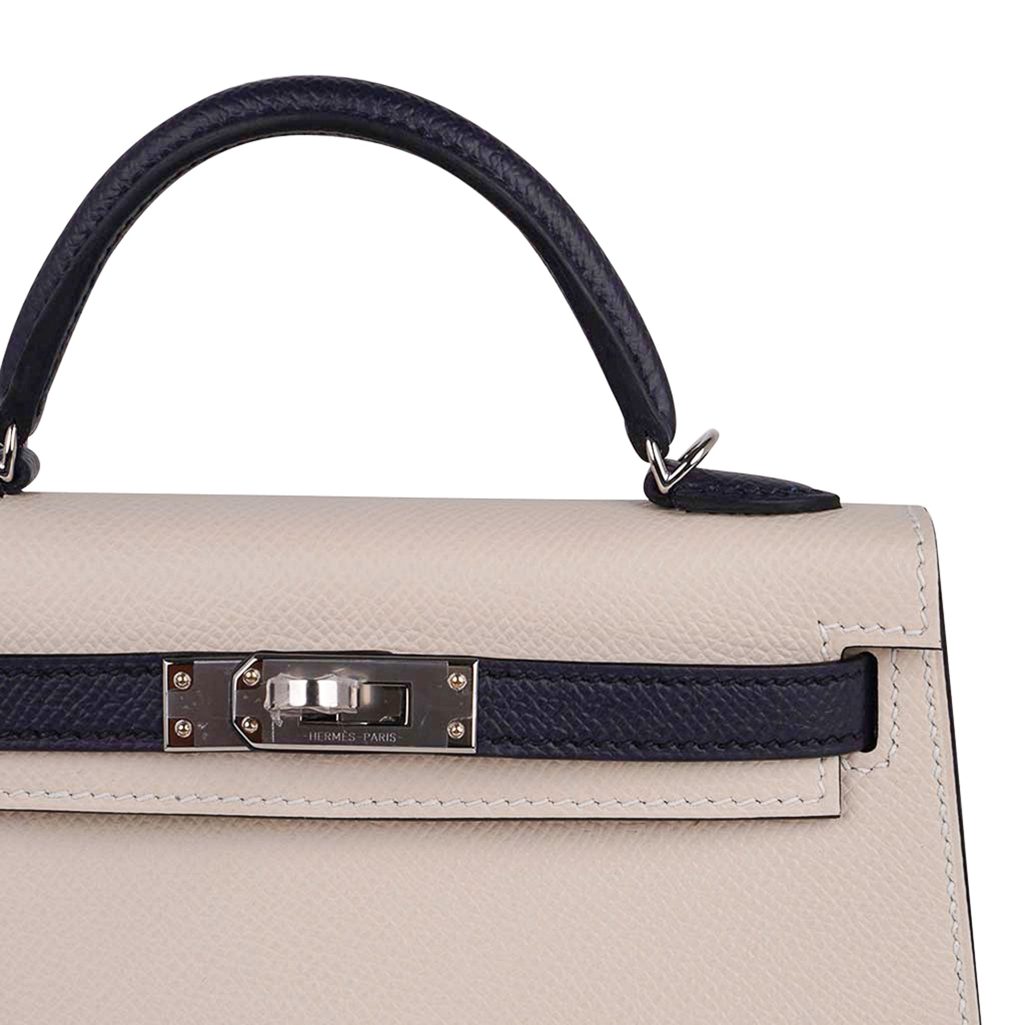 👜Special Order HSS Mini Kelly 20 Bag Sellier Craie & Blue Indigo Epsom Leather with Palladium Hardware