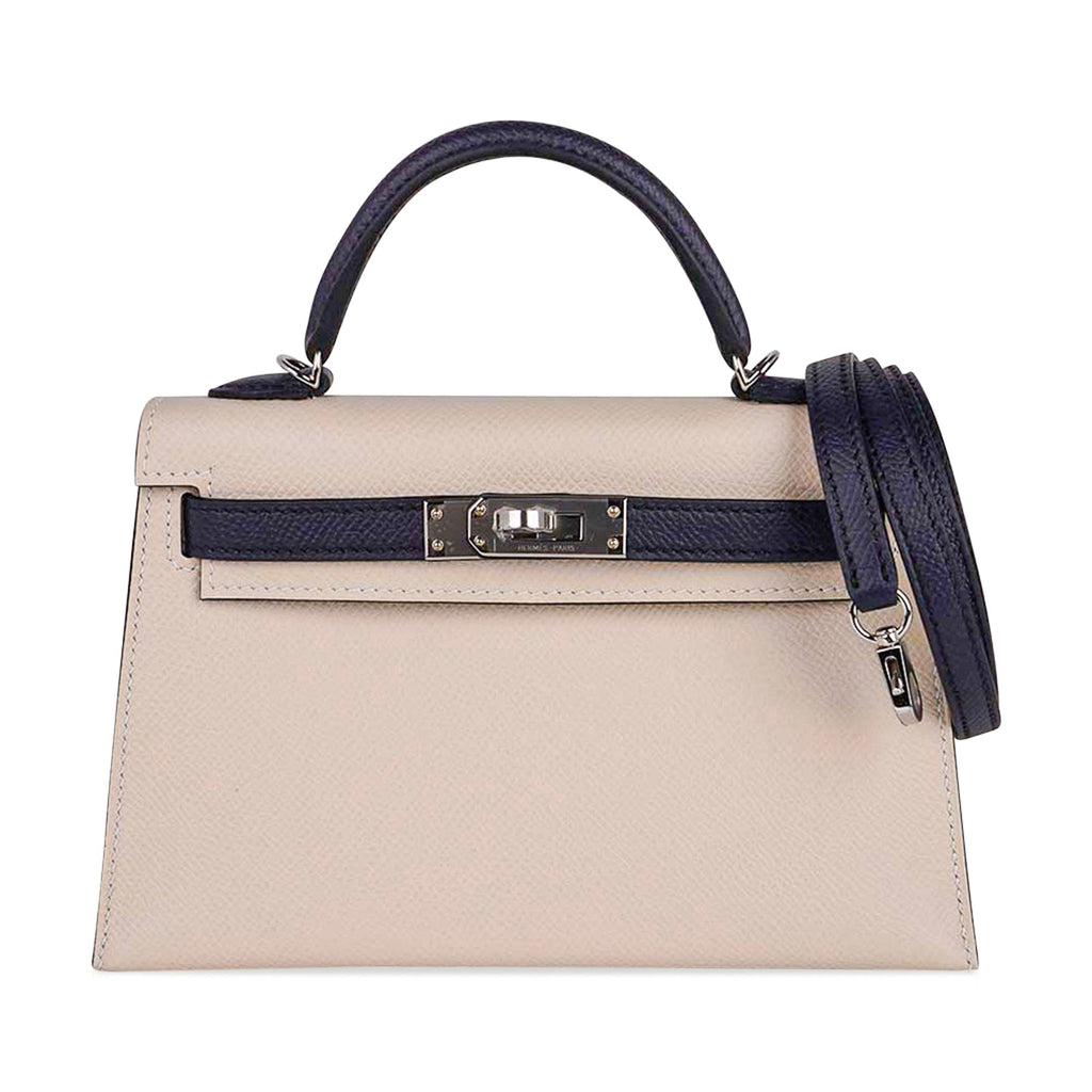 👜Special Order HSS Mini Kelly 20 Bag Sellier Craie & Blue Indigo Epsom Leather with Palladium Hardware