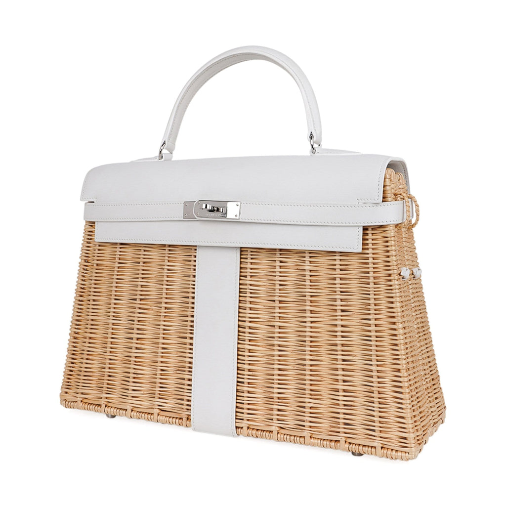 👜Kelly 35 Picnic Bag White Swift Leather / Osier (Wicker) Limited Edition