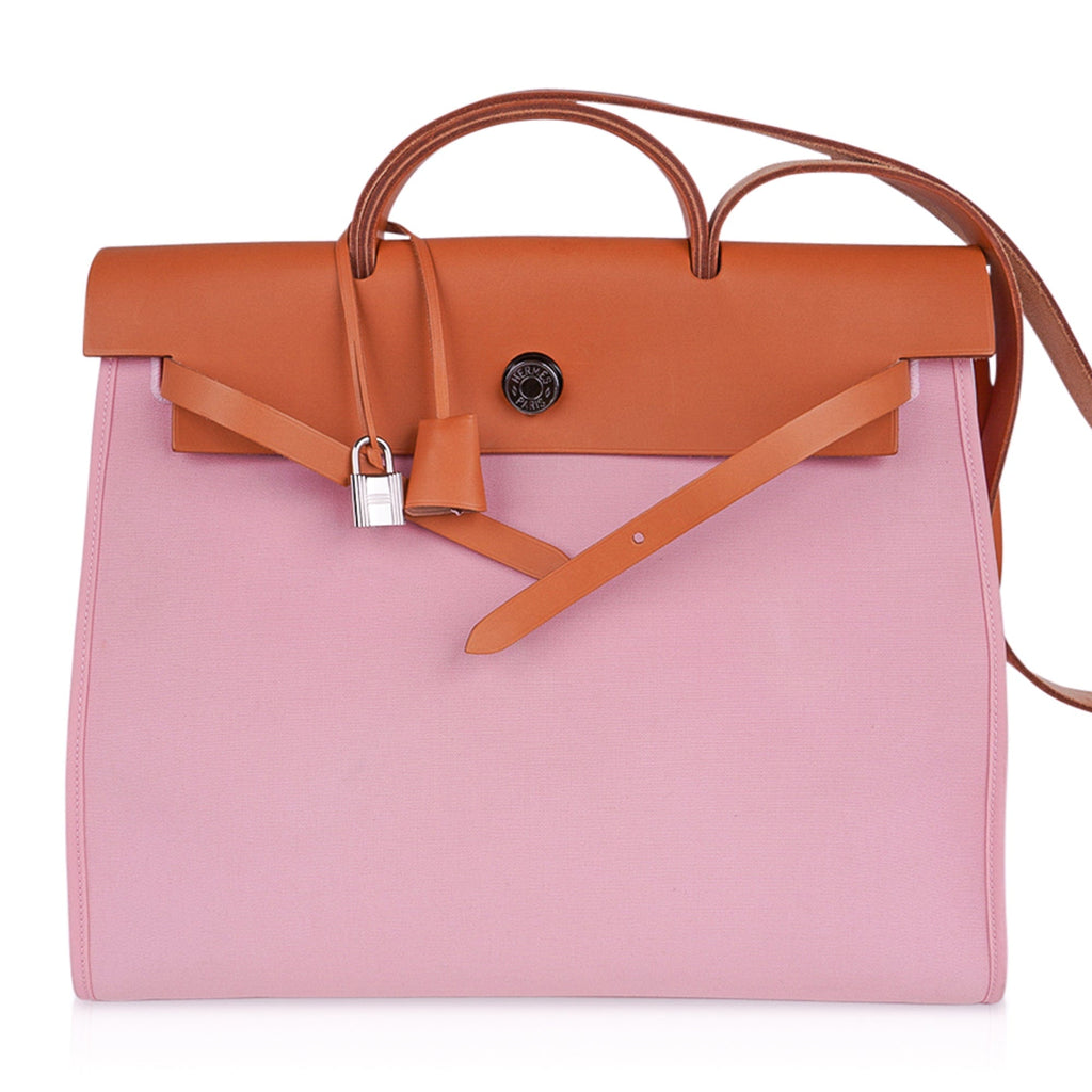 👜Herbag Zip 39 GM Bag Rose Sakura Canvas Vache Hunter Leather with Palladium Hardware