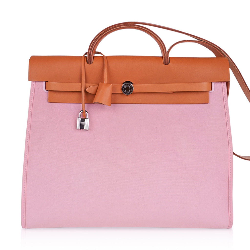 👜Herbag Zip 39 GM Bag Rose Sakura Canvas Vache Hunter Leather with Palladium Hardware
