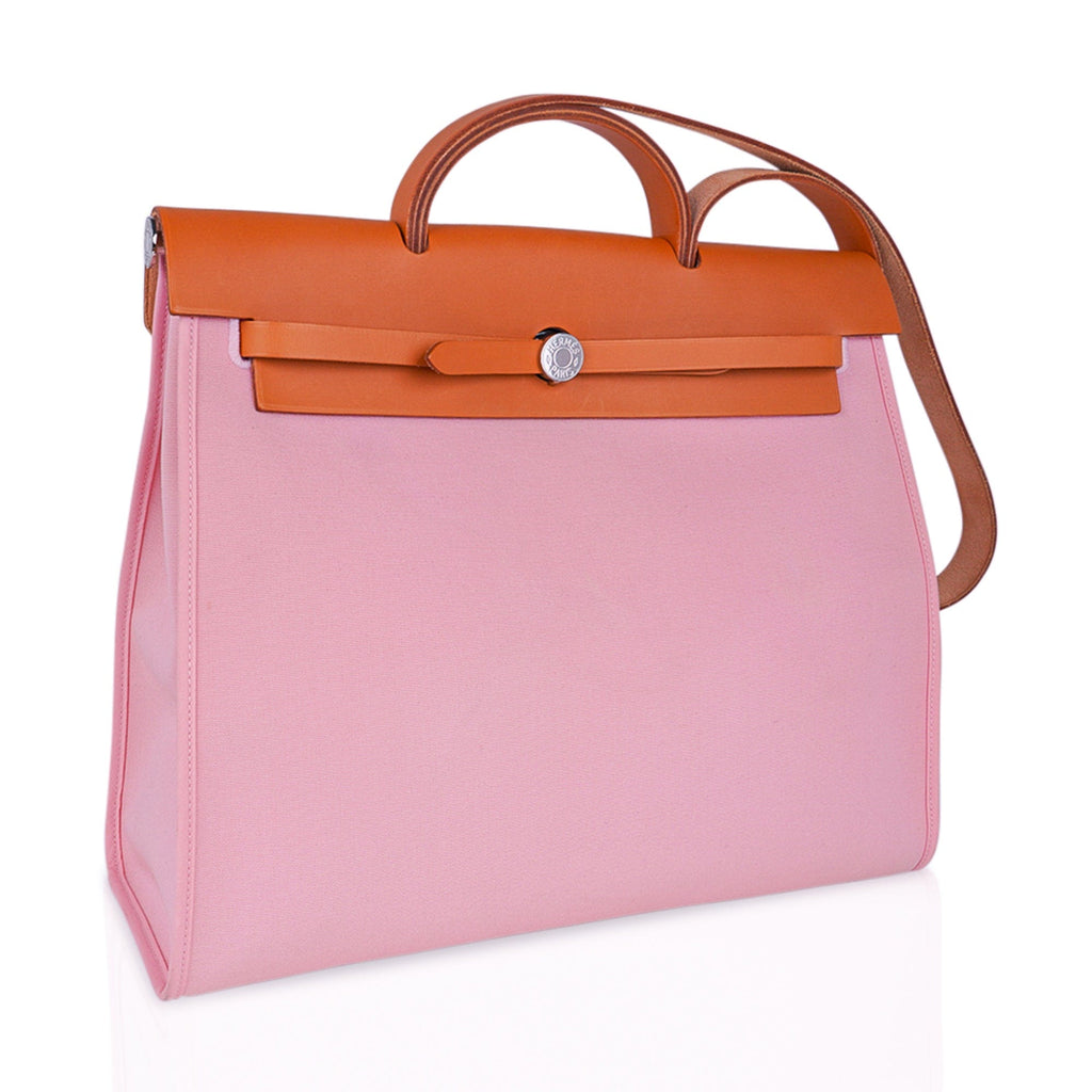 👜Herbag Zip 39 GM Bag Rose Sakura Canvas Vache Hunter Leather with Palladium Hardware