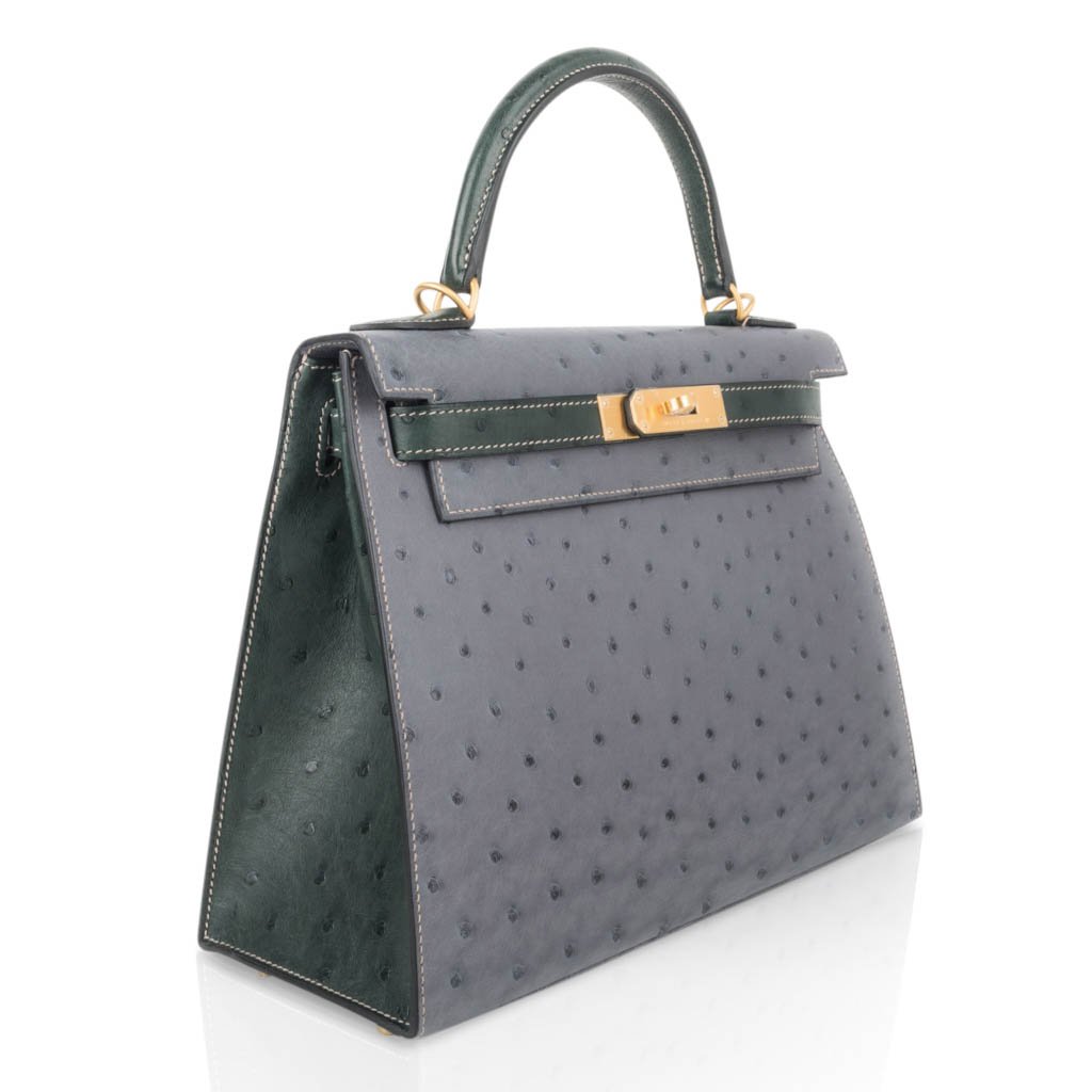 👜Kelly Sellier 28 HSS Bag Gris Agate / Vert Titien Ostrich Gold Hardware