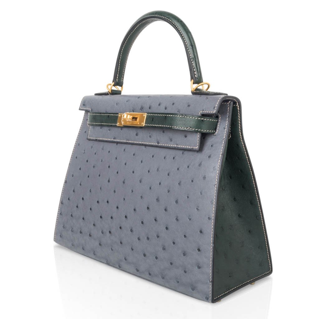 👜Kelly Sellier 28 HSS Bag Gris Agate / Vert Titien Ostrich Gold Hardware