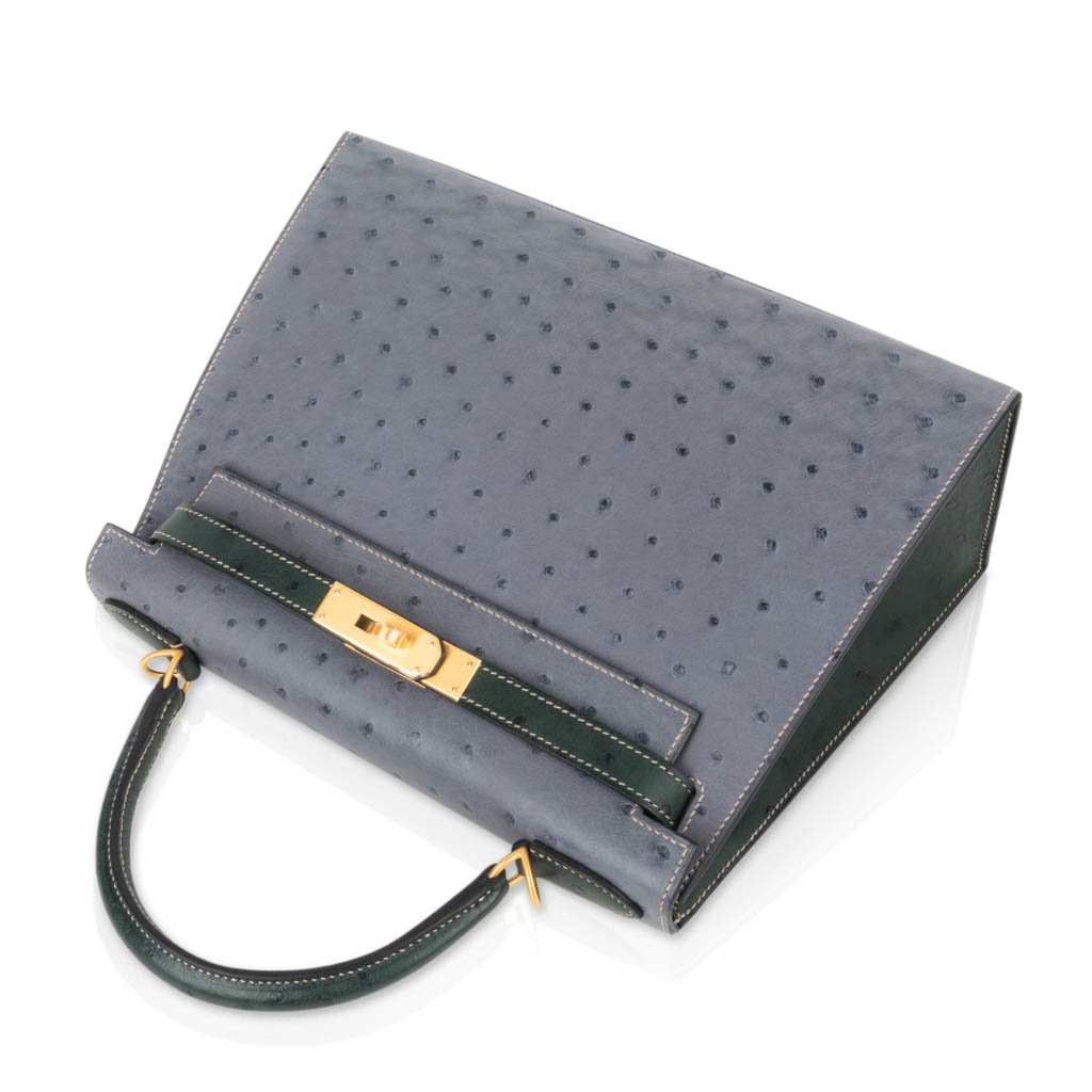 👜Kelly Sellier 28 HSS Bag Gris Agate / Vert Titien Ostrich Gold Hardware