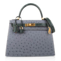 👜Kelly Sellier 28 HSS Bag Gris Agate / Vert Titien Ostrich Gold Hardware