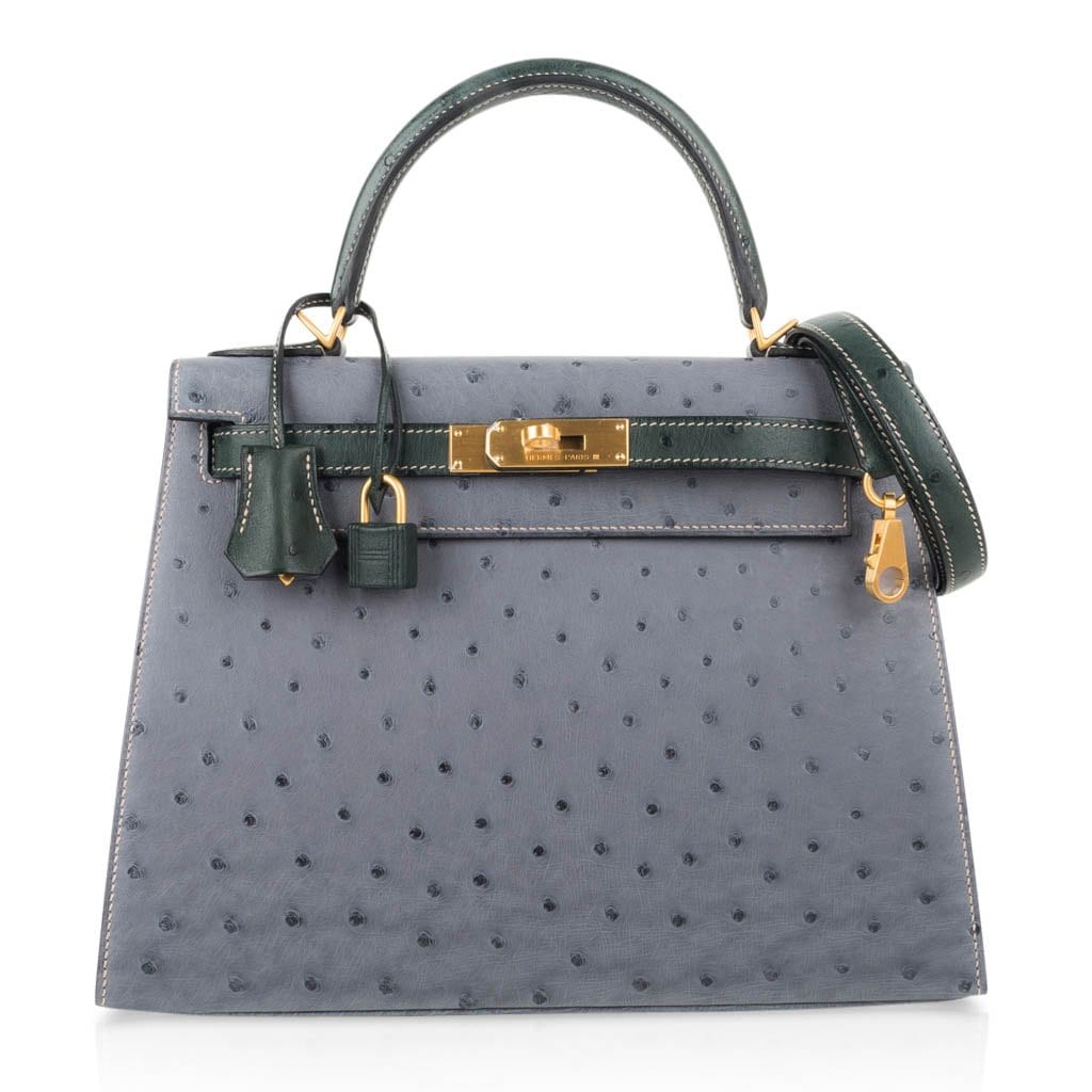 👜Kelly Sellier 28 HSS Bag Gris Agate / Vert Titien Ostrich Gold Hardware