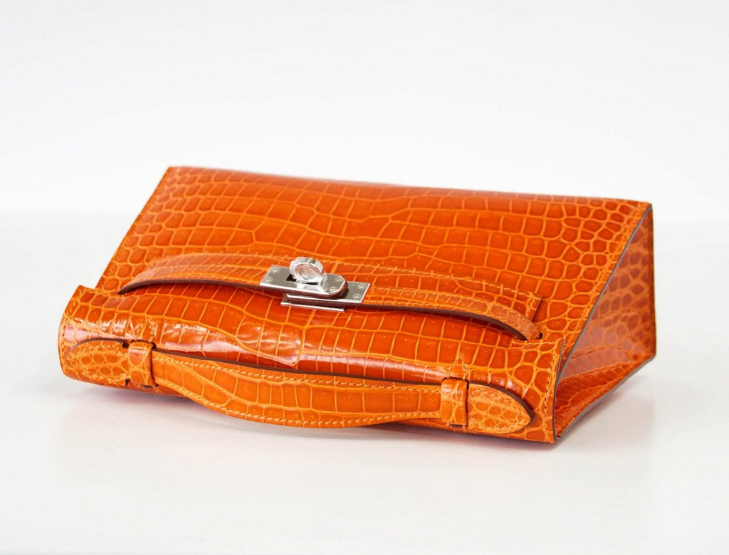 👜Kelly Pochette Clutch Bag Orange Feu Rare in Porosus Crocodile