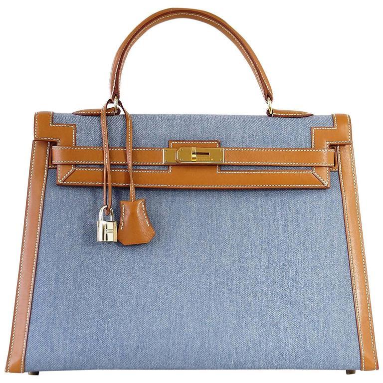 👜Kelly 35 Bag Vintage Denim and Barenia Sellier Gold Hardware Superb