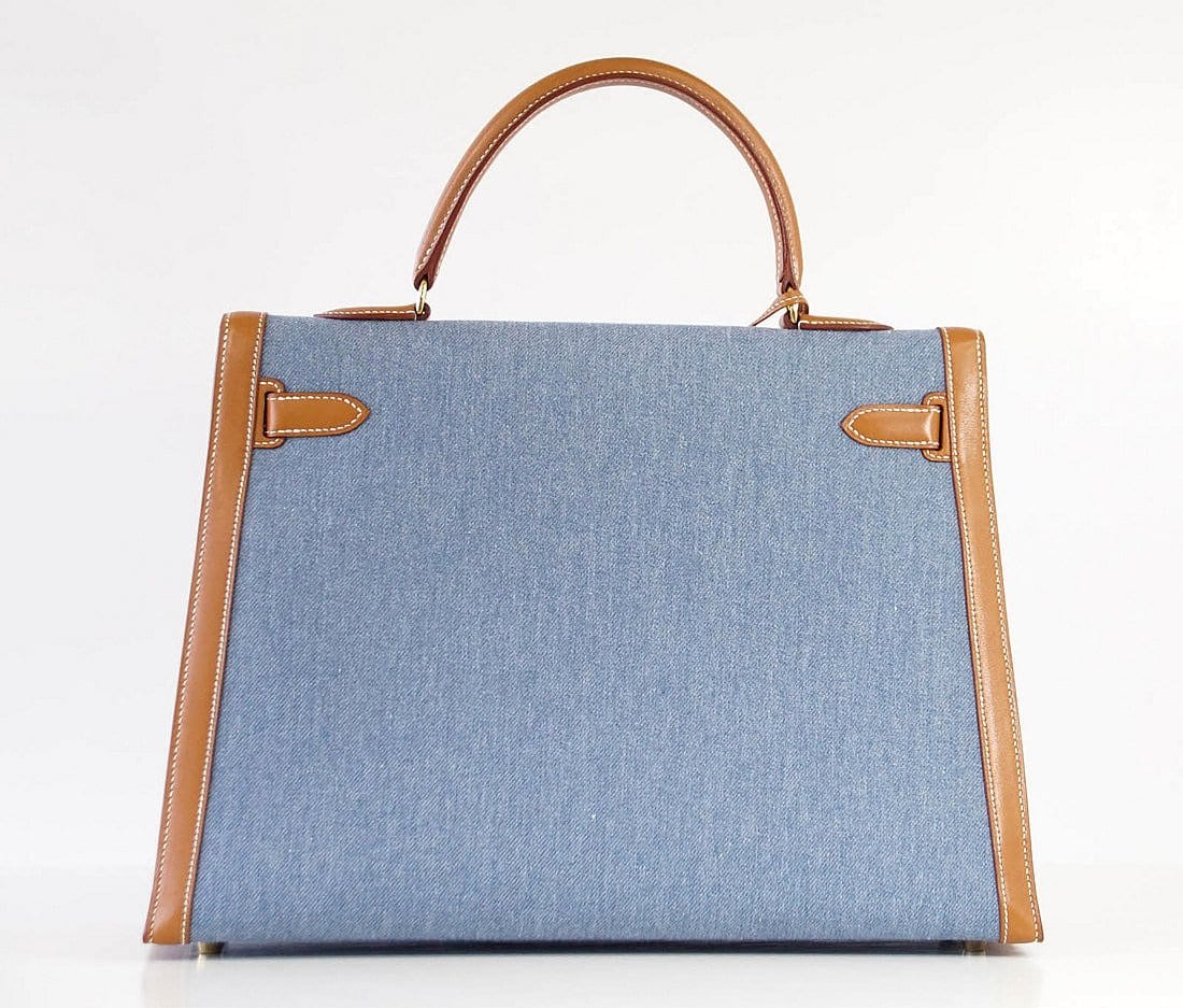 👜Kelly 35 Bag Vintage Denim and Barenia Sellier Gold Hardware Superb