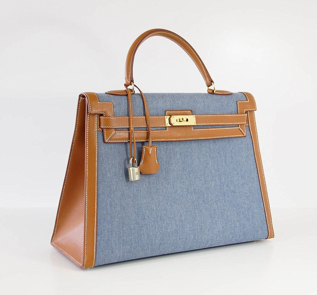 👜Kelly 35 Bag Vintage Denim and Barenia Sellier Gold Hardware Superb
