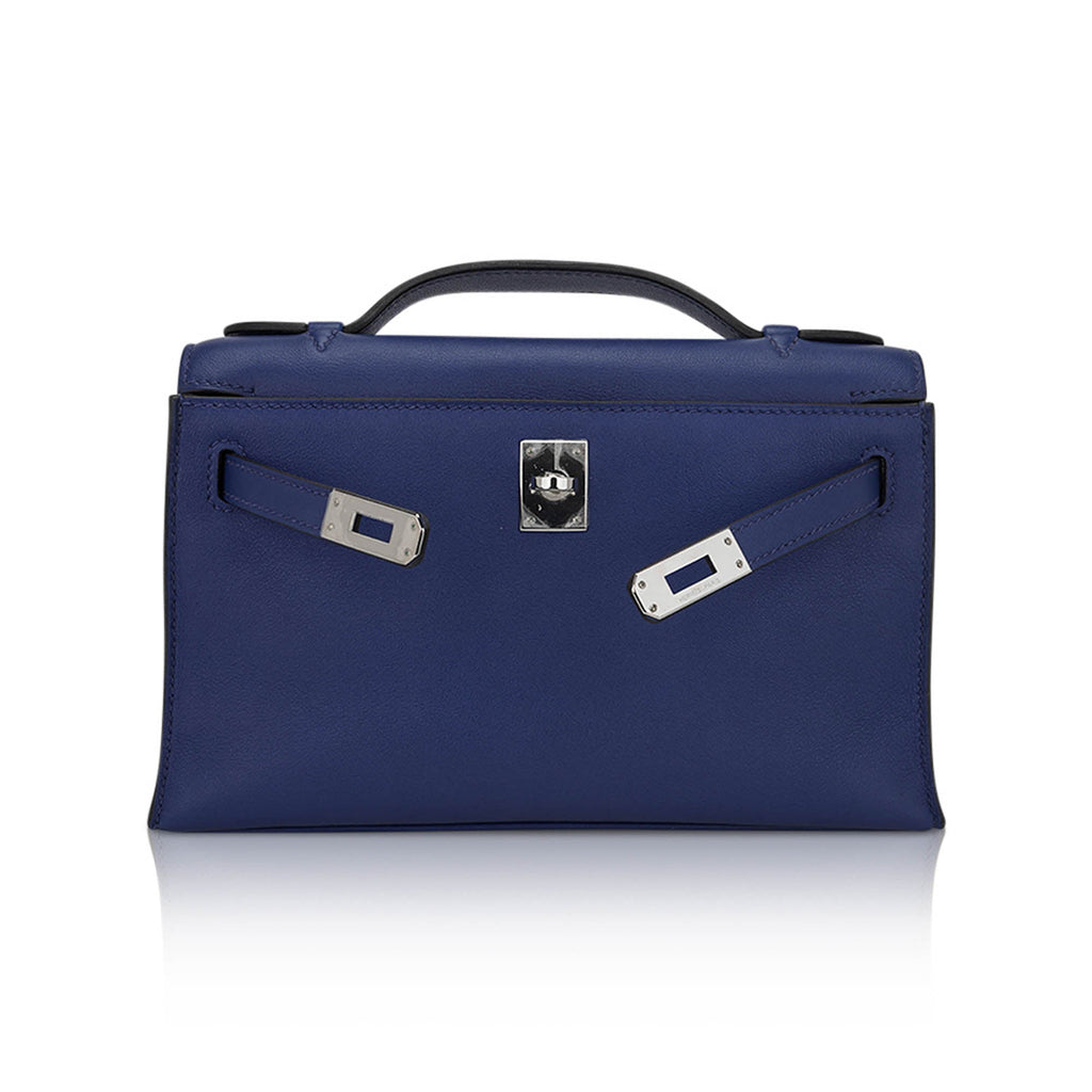 👜Kelly Pochette Clutch Bag Blue Sapphire Swift Leather with Palladium Hardware