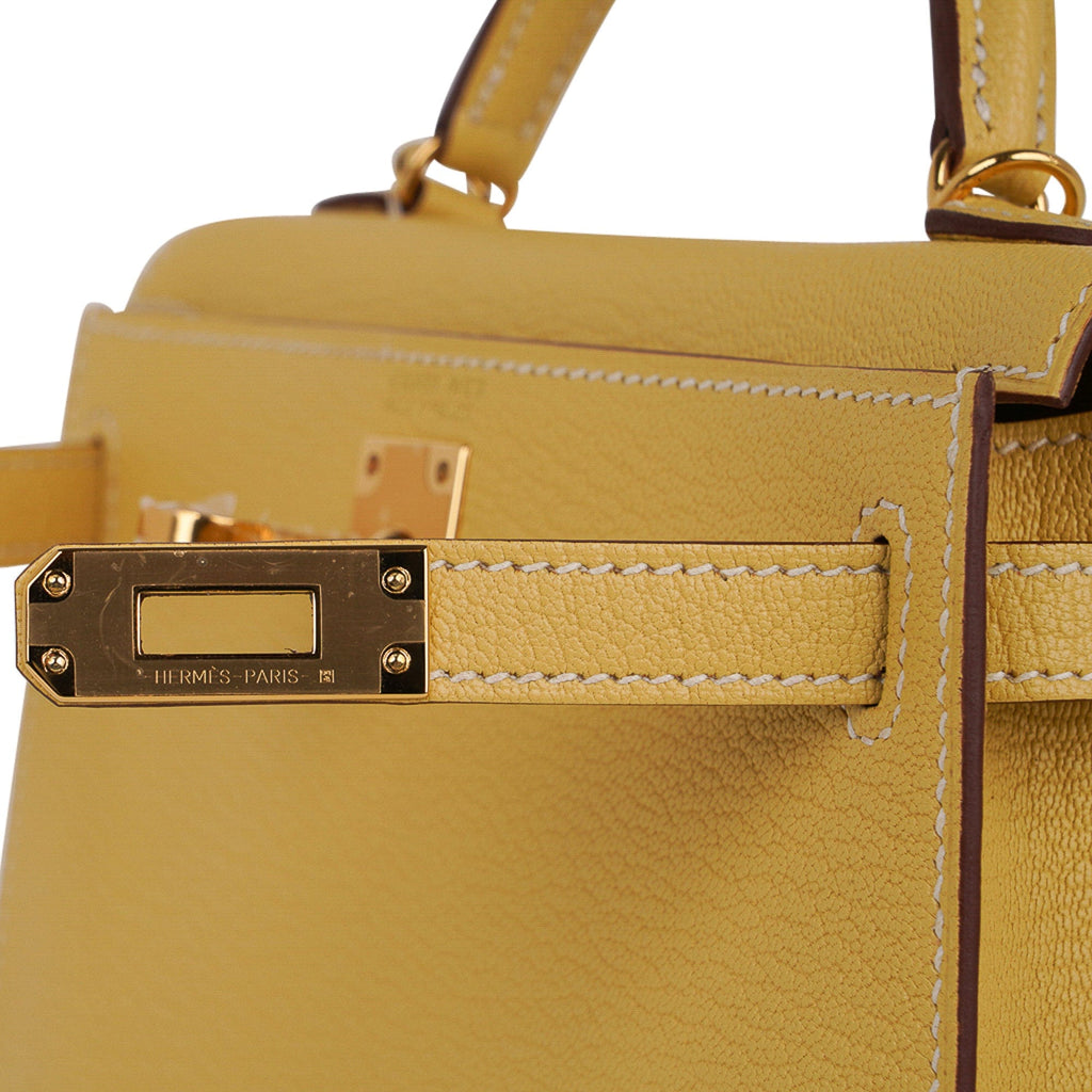 👜Mini Kelly 20 Sellier Jaune Foin Bag Chevre Gold