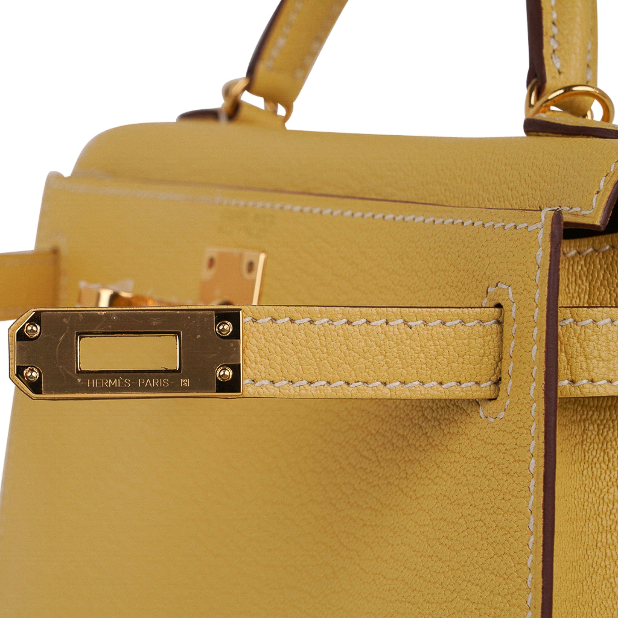 👜Mini Kelly 20 Sellier Jaune Foin Bag Chevre Gold
