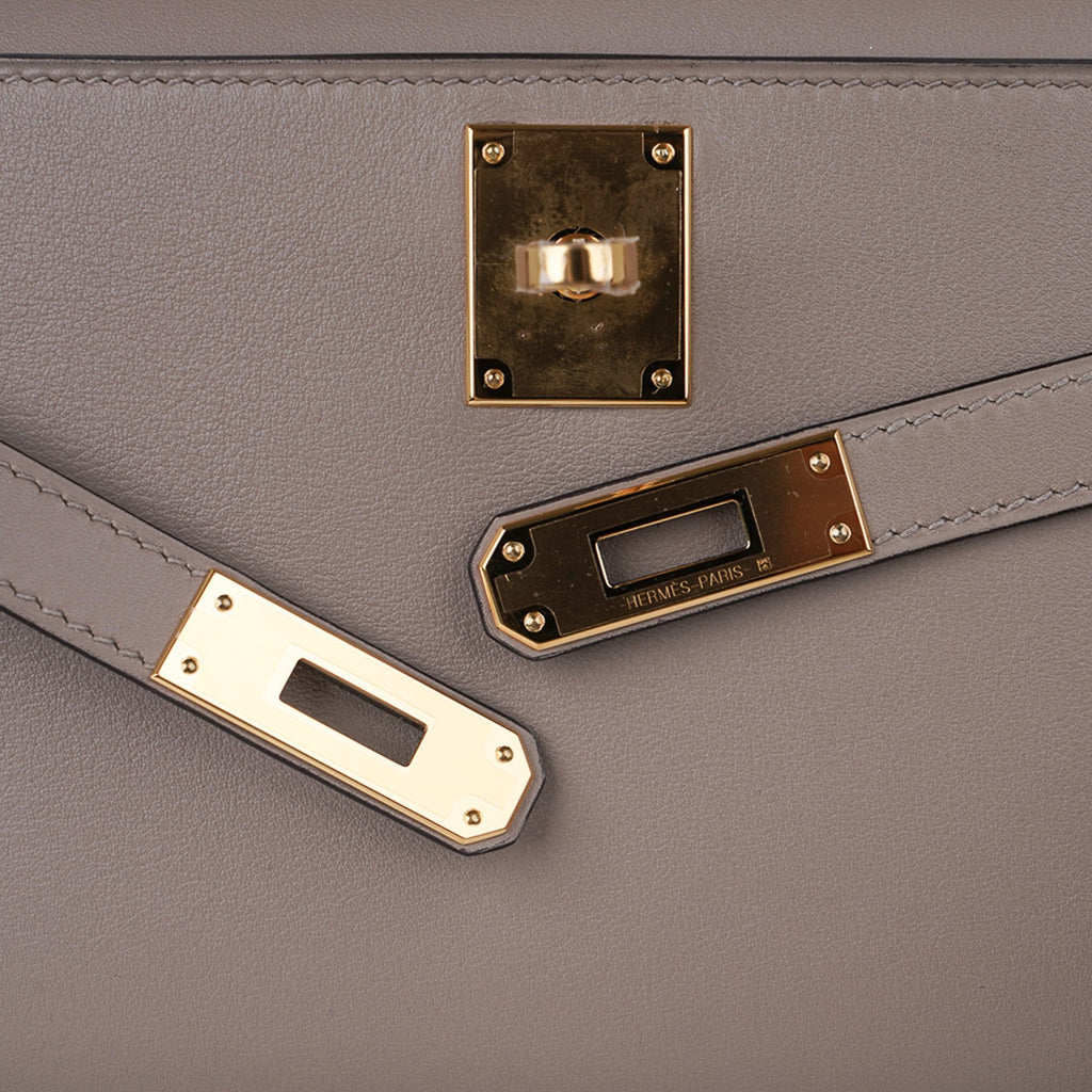 👜Kelly Cut Bag Gris Asphalte Gray Clutch Swift Gold Hardware