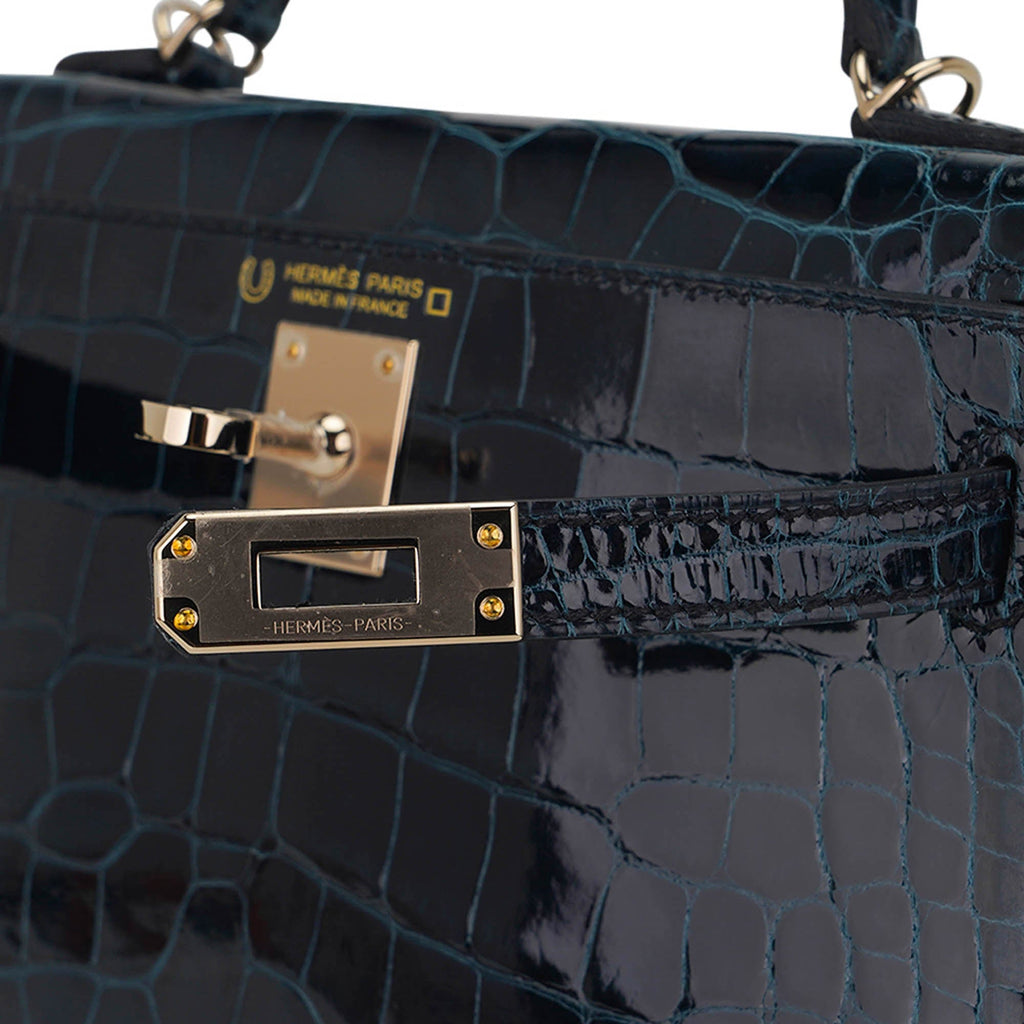 👜Limited Edition Verso Mini Kelly 20 Sellier Bag Vert Rousseau & Blue Paon Alligator with Permabrass Hardware
