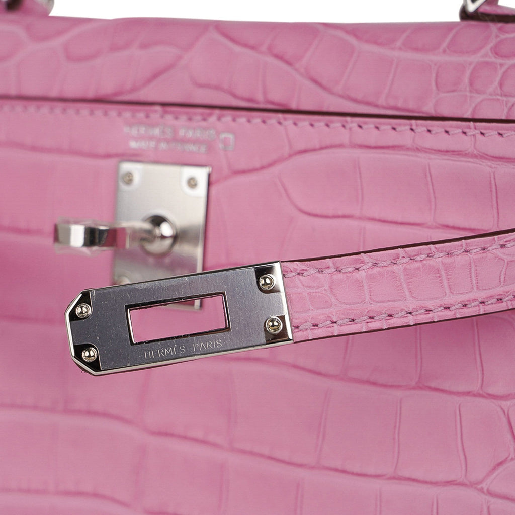 👜Kelly 20 Mini Sellier Bag 5P Pink Matte Alligator Palladium Limited Edition