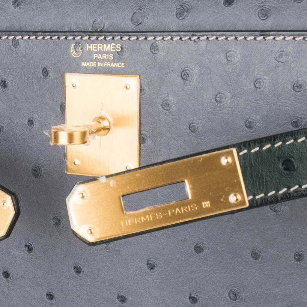 👜Kelly Sellier 28 HSS Bag Gris Agate / Vert Titien Ostrich Gold Hardware