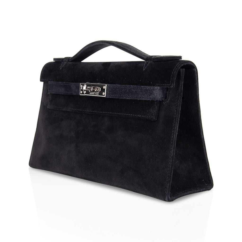 👜Kelly Pochette Black Doblis Suede Palladium