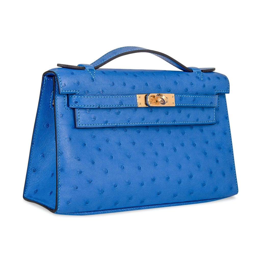 👜Kelly Pochette Bag Bleuet Ostrich Clutch Gold Hardware