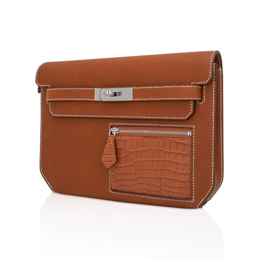 👜Kelly Depeches Touch Pouch 25 Bag Fauve Barenia Faubourg Leather and Gold Matte Alligator with Palladium Hardware