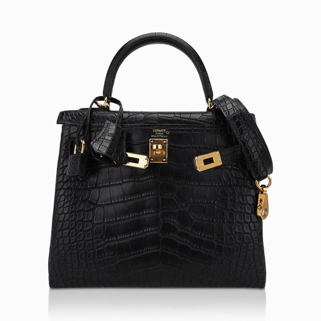 👜Kelly 25 Retourne Bag Black Matte Alligator with Gold Hardware