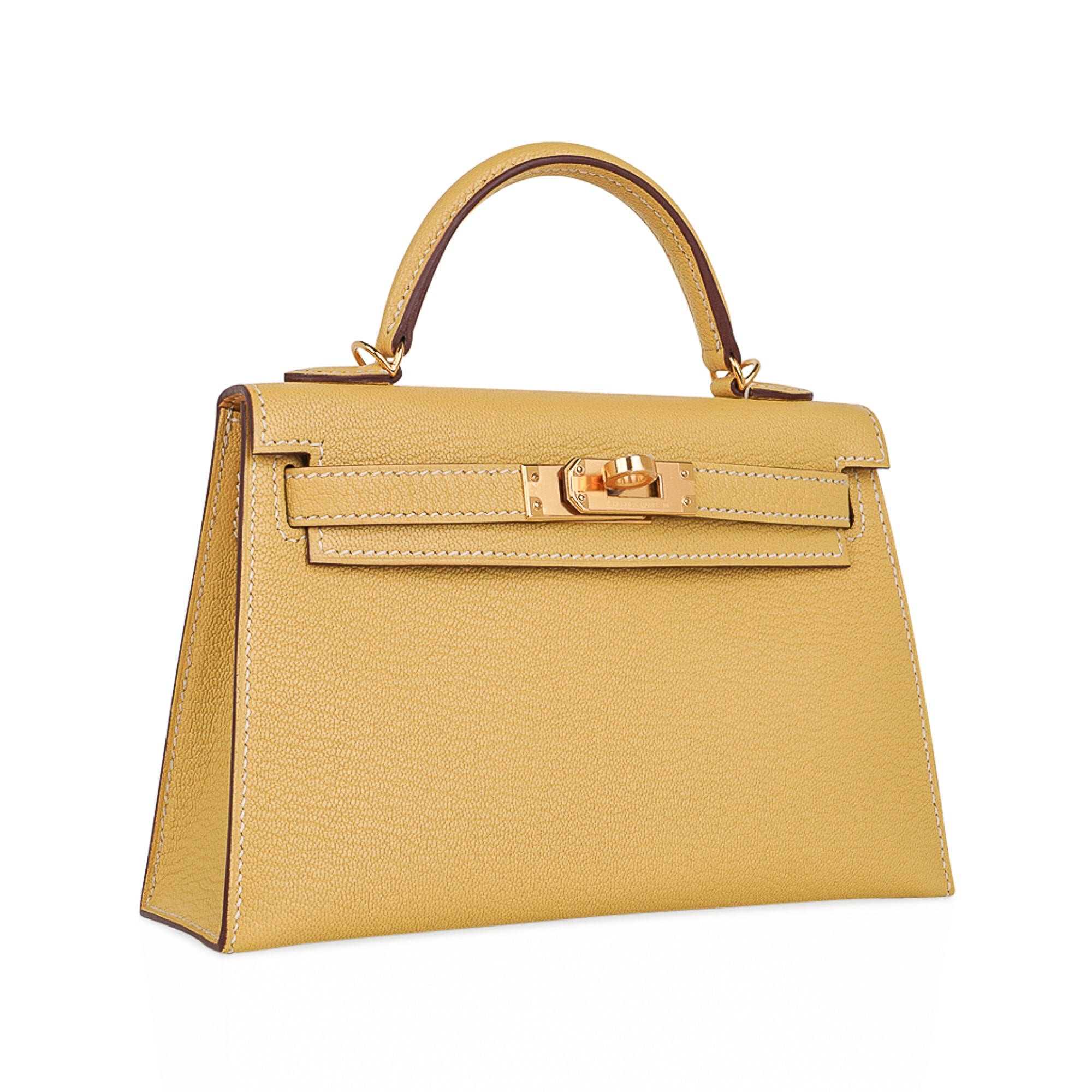 👜Mini Kelly 20 Sellier Jaune Foin Bag Chevre Gold