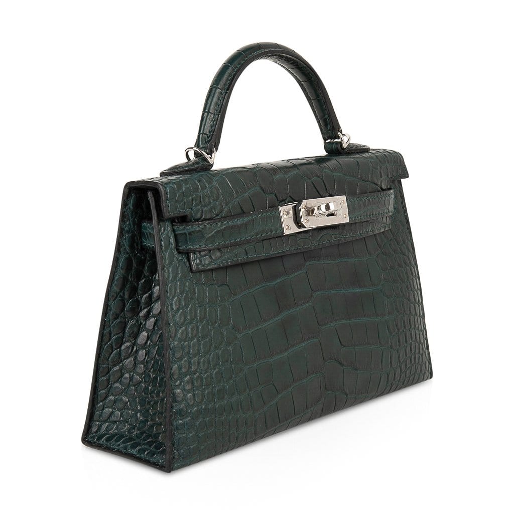 👜Kelly 20 Mini Sellier Bag Vert Cypress Matte Alligator Palladium