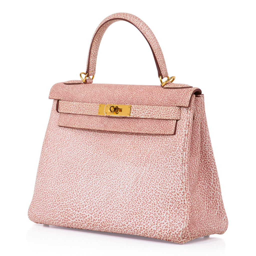👜Kelly 28 Pink Dalmation Buffalo Skipper Leather Bag Gold Hardware