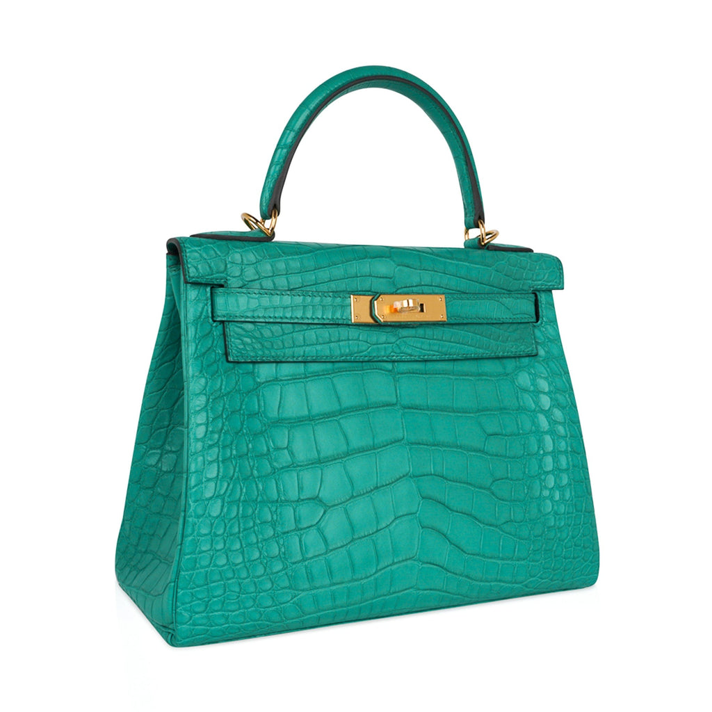👜Kelly 28 Bag Vert Jade Matte Alligator Gold Hardware