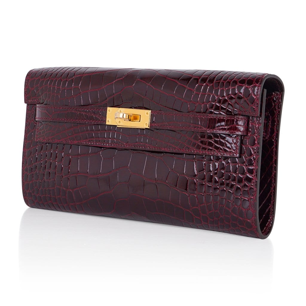 👜Kelly Classique To Go Wallet Bordeaux Alligator Gold Hardware New w/Box
