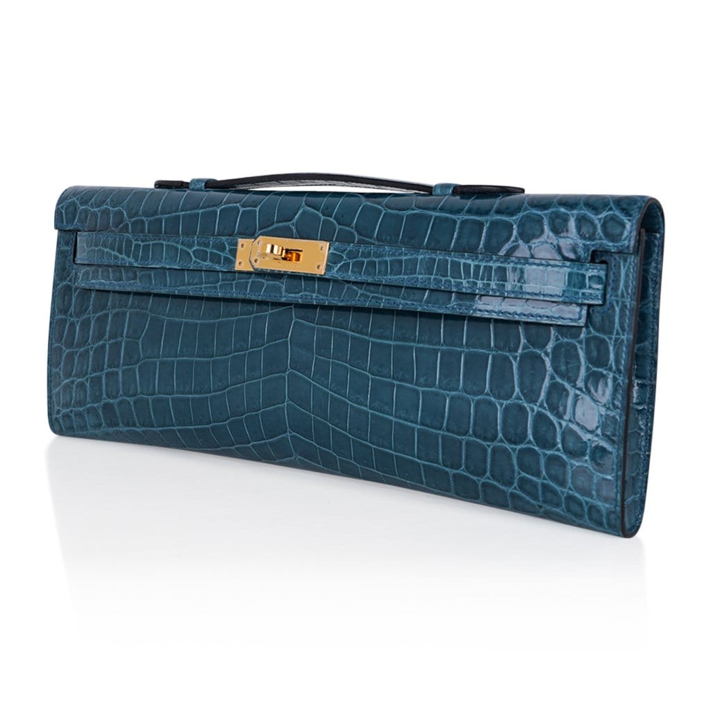 👜Kelly Cut Bag Blue Colvert Crocodile with Gold Hardware