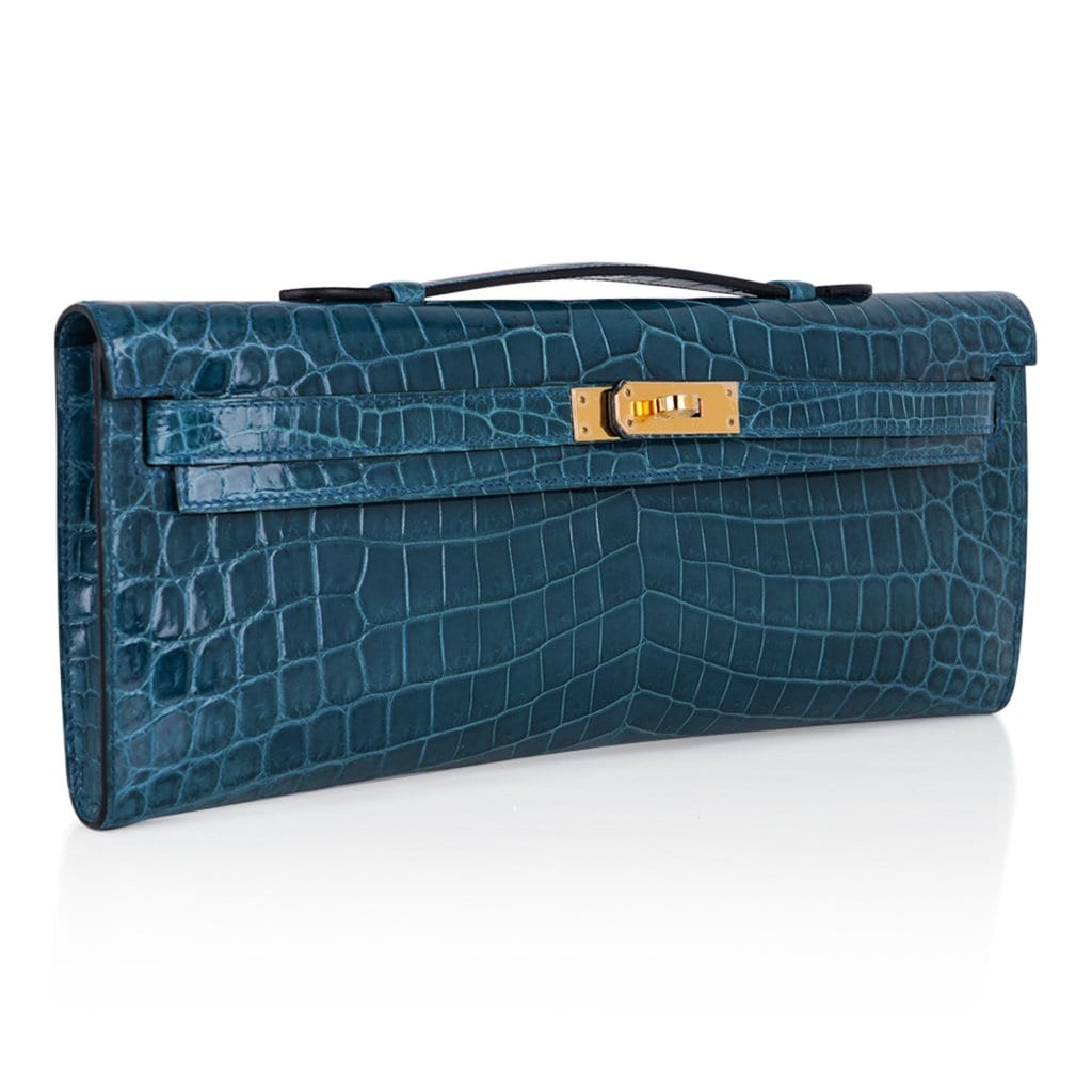 👜Kelly Cut Bag Blue Colvert Crocodile with Gold Hardware