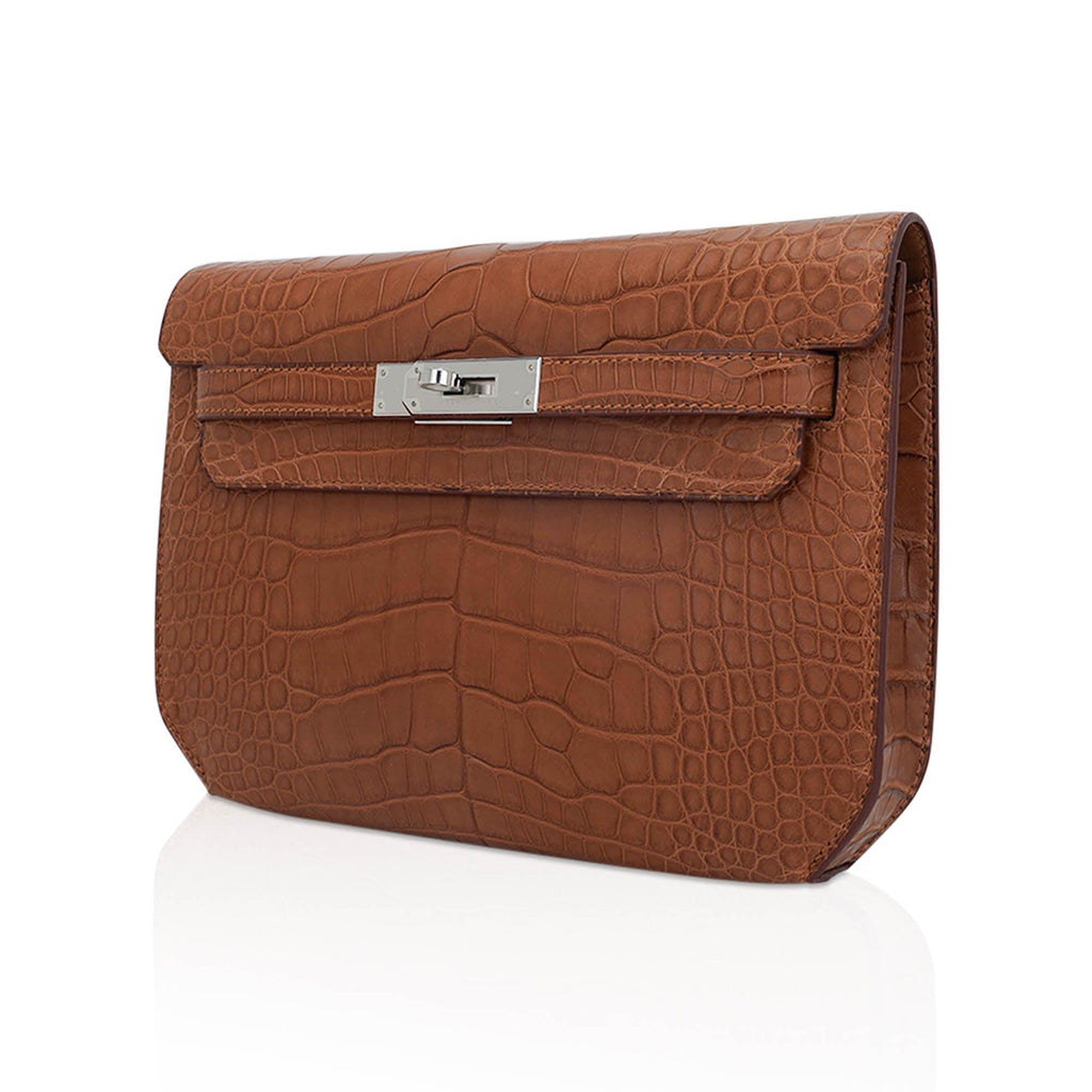 👜Kelly Depeches 25 Pouch Matte Gold Alligator with Palladium Hardware