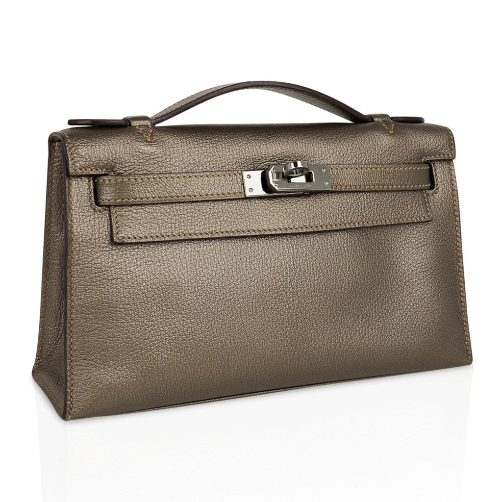 👜Kelly Pochette Metallic Bronze Clutch Bag Chevre Palladium