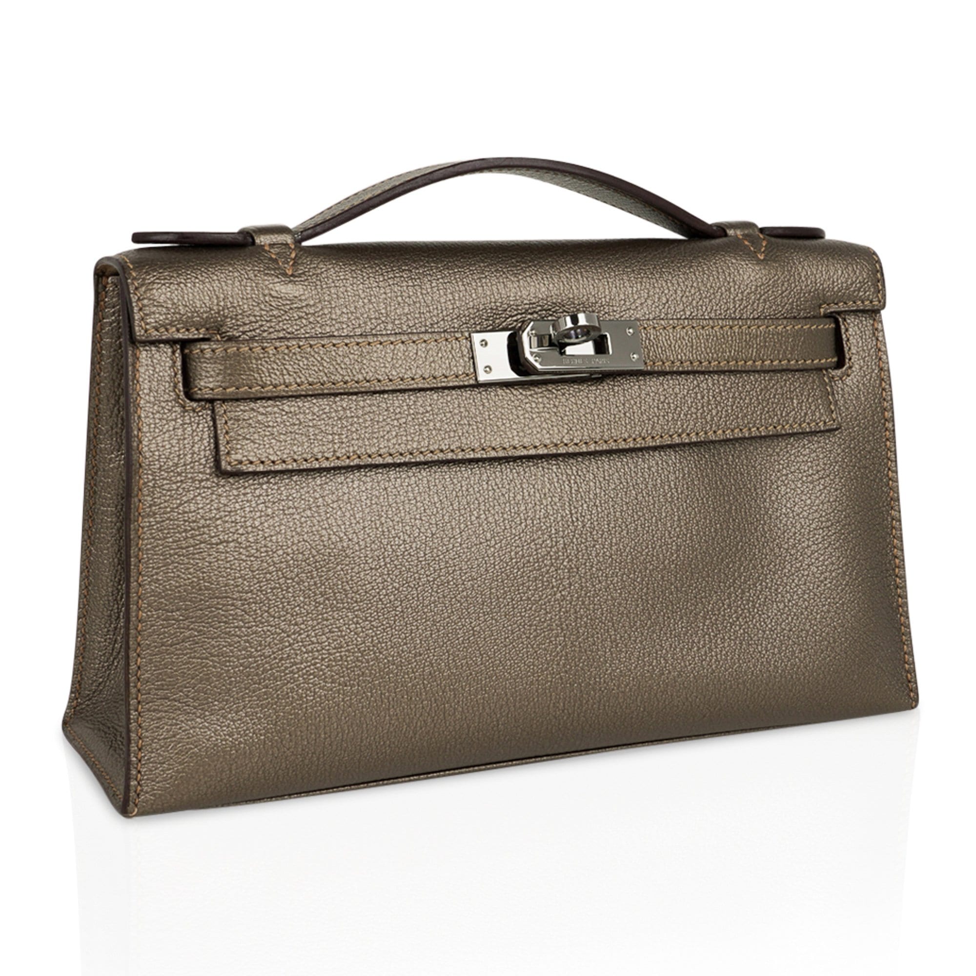 👜Kelly Pochette Metallic Bronze Clutch Bag Chevre Palladium